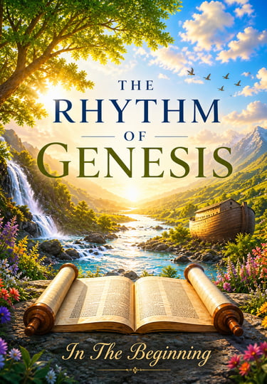 Devotional image for The Rhythm of Genesis with a sunrise valley, waterfall, scroll, and ark”
