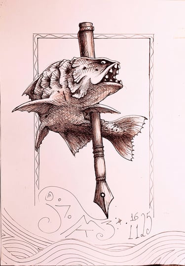 Estudo de um peixe estilizado, protegendo tinteiro e com adornos com base no grafismo tupi,  do Jaum em 2025