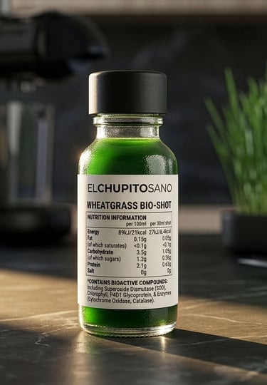 El Chupito Sano Wheatgrass Bio-Shot bottle showing nutritional facts and bioactive compounds.