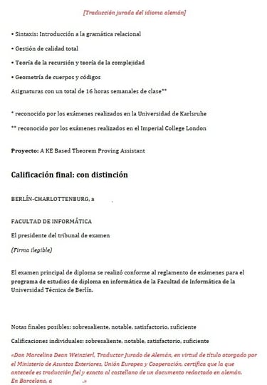 traducción jurada al español de notas Licenciatura Informática alemana