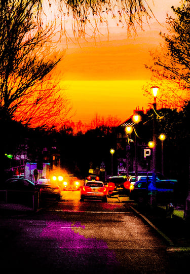 Sunset and vibrant city lights.
