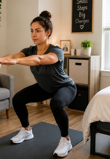 beginner doing home workout in a small apartment bedroom