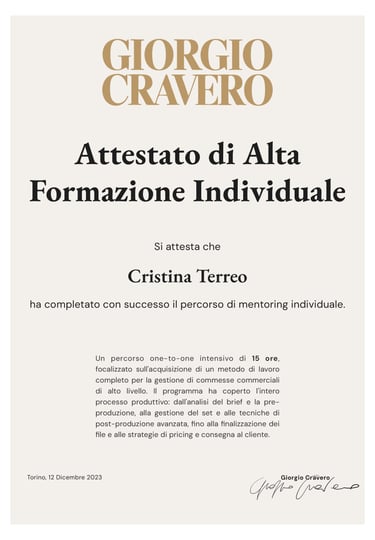 Certificate of completion for a professional training course in still-life photo for brand photo