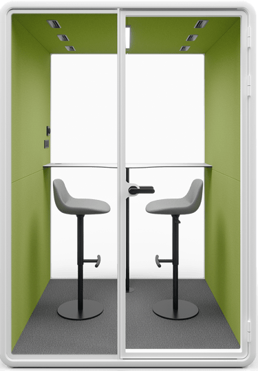 Type T-01: Two-person pod with high stools and a bar-height table, green interior walls