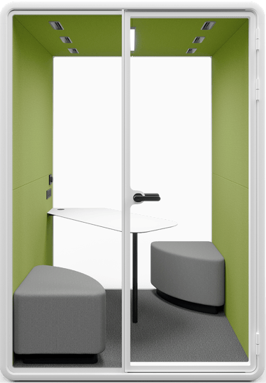 Type T-02: Two-person pod with cushioned benches and corner table, green walls and spotlights