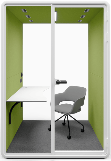 Type T-03: Two-person pod with wide desk and office chair, green walls and ceiling lighting