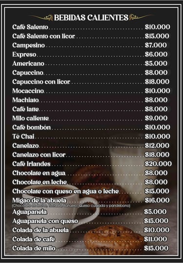 Bebidas calientes,  Menú Restaurante La Matrina en Salento Quidío