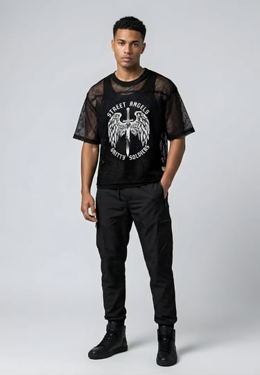 A man wearing a black mesh graphic t-shirt and cargo pants in a streetwear fashion style.