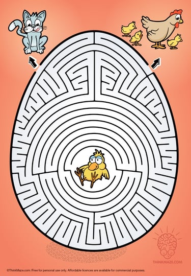 Egg maze for kids with a chick and cat; free printable maze for spring or Easter activities.