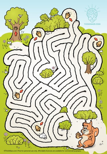Nutty squirrel printable maze for kids; gathering acorns in an educational kids activity.