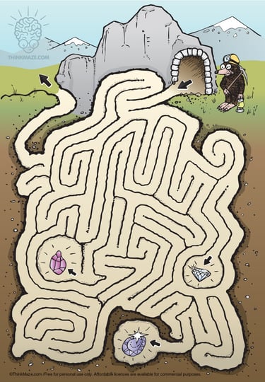 Mole miner maze with crystals; a crisp printable logic puzzle for kids and commercial publications.