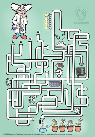 Science-themed laboratory maze for kids; free printable logic puzzle for early learners.