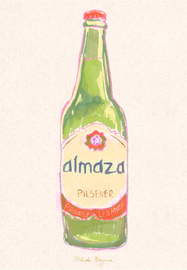 Hand-painted illustration of a green Almaza Pilsener beer bottle, by Ta'ala Artist