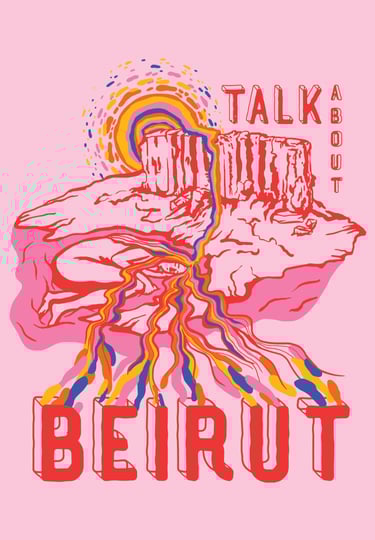 Artistic pink and red poster of Beirut's Raouche Rocks by Ta'ala Artist Melinda