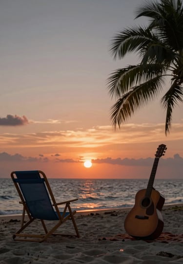 Vibrant photography of a tropical beach sunset in a North American / US coastal region, a lone beach chair and a guitar, warm invitation, copper and charcoal gray highlights.