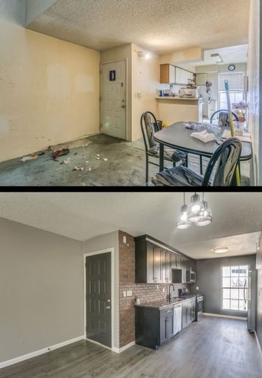 Flooring installation before and after featuring new luxury vinyl plank flooring.