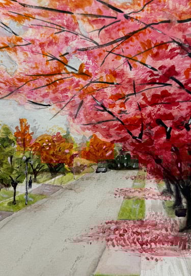 a painting of a tree with red flowers