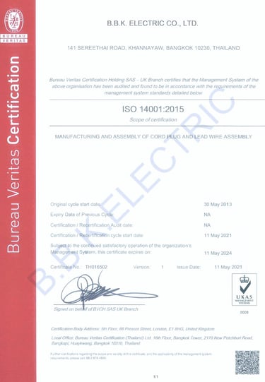 ISO14001 Certificate for BBK Electric