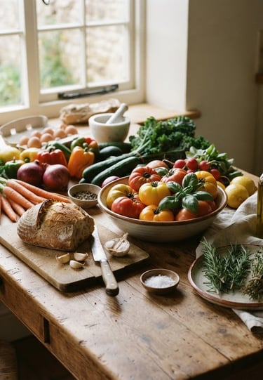 Generous landscape view of fresh organic ingredients on a rustic wooden table, soft natural window light casting gentle shadows, olive oil bottle and rosemary sprigs to the side, warm editorial photography, 35mm