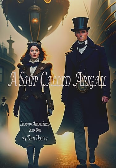 Steampunk book cover for A Ship Called Abigail featuring a Victorian couple and a flying airship.