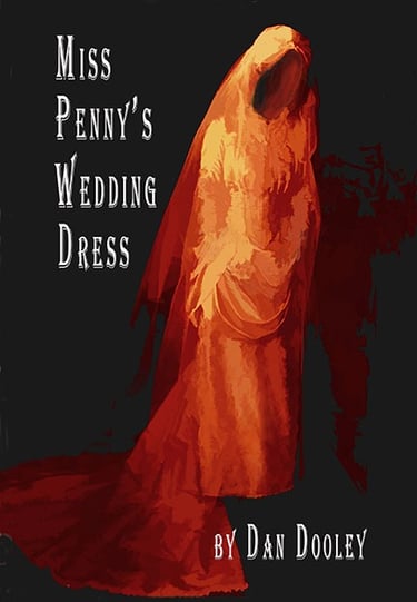 Ghostly figure in a red bridal gown for Miss Penny's Wedding Dress book cover by Dan Dooley.