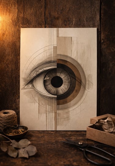 Geometric eye sketch on canvas set against a rustic wooden background with vintage art supplies.