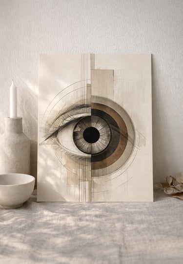 Abstract eye wall art print in beige and brown earth tones featuring geometric lines and shapes.