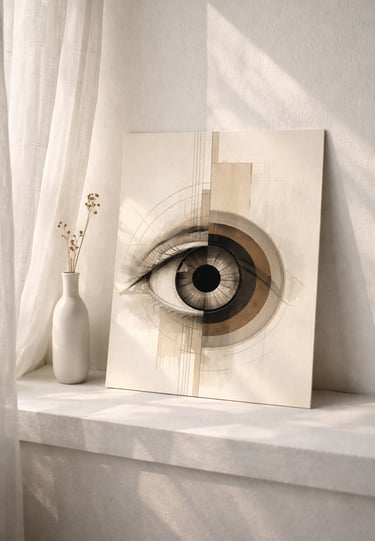Modern abstract eye art canvas leaning on a sunny windowsill next to a ceramic vase.