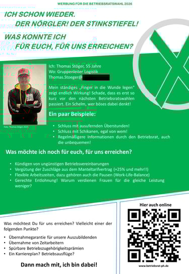 Es ist ein Flyer von Thomas Stöger zu sehen. Darauf wirbt er für die Betriebsratswahlen 2026