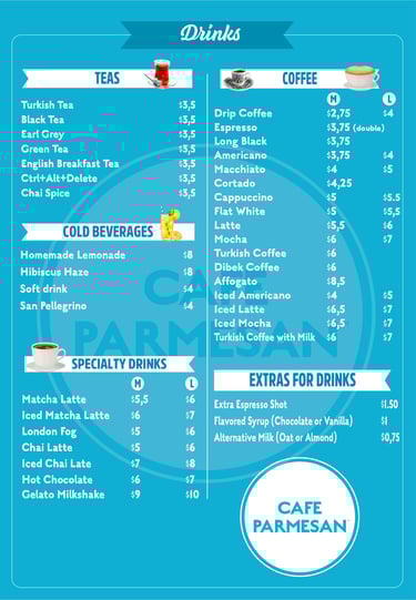 a drink menu of a cafe and restaurant that has teas, coffee, cold drinks
