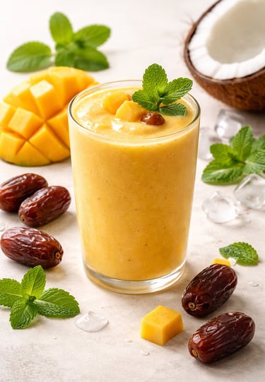 A refreshing mango and date smoothie in a glass garnished with mint and fresh fruit.
