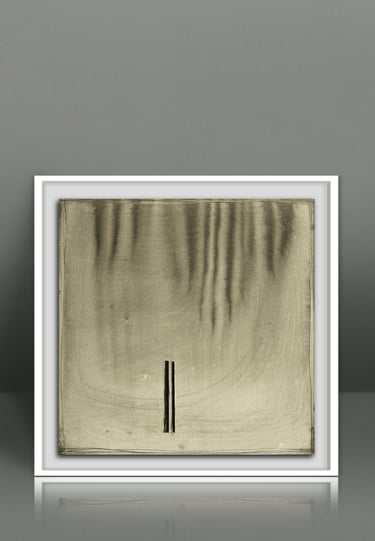 Framed minimalist abstract art piece with vertical lines and textured sepia tones.