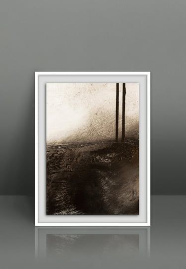 Framed minimalist abstract landscape painting in sepia tones featuring dark textured ground and two vertical lines.