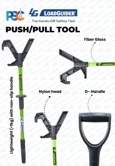 Hands-free lifting safety website design for PSC LoadGuider push pull stick with blue footer and cle