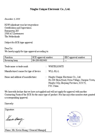 ECE-type approval letter for a reversing lamp from Ningbo Unique Electronic Co., Ltd.