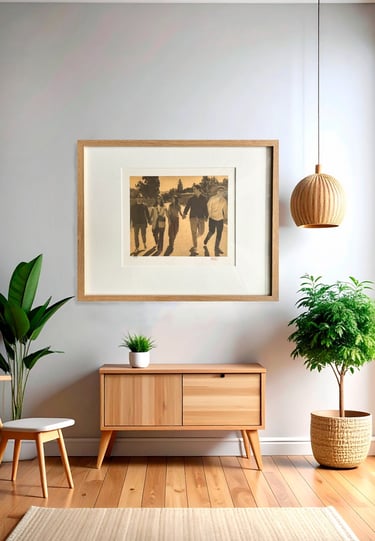 Framed family portrait in 24k Gold hanging on a wall above a wooden console table