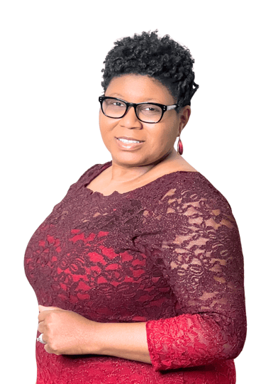 smiling African American woman in burgundy lace dress Legal Marketing Expert Tameka Chapman