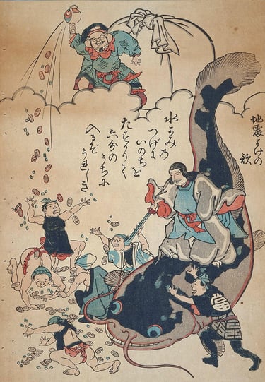 Takemikazuchi pins catfish as workers rush for gold coins