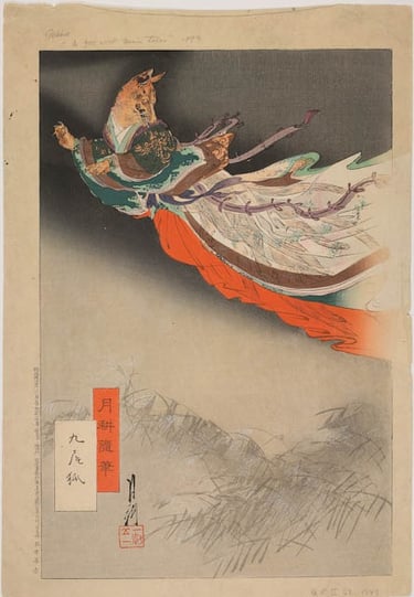 tamamo-no-mae transforming into a fox as she flies with her clothes rippling in the wind