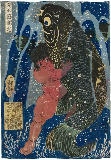 red-skinned boy kintaro wrestling with a giant carp in a waterfall by kuniyoshi