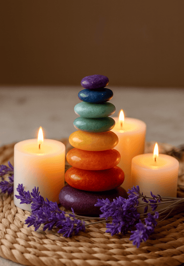 Galets colorés représentant les chakras dans une ambiance zen et spirituelle