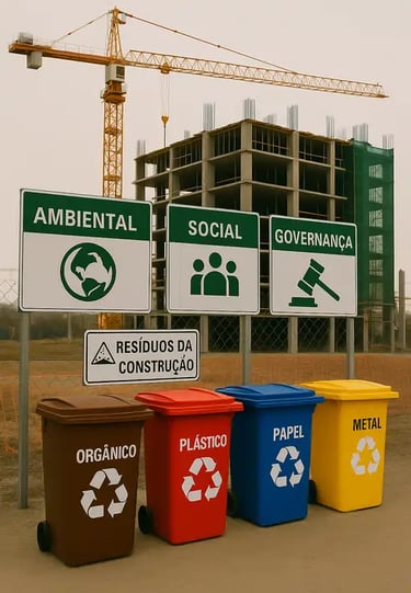 Canteiro de obras com práticas de sustentabilidade ambiental na construção civil.