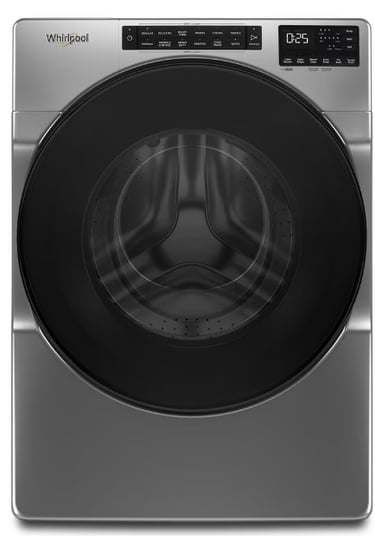 Front view of a modern whirlpool washing machine with a digital display and a large front-loading door.