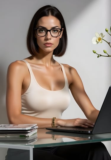 Vivienne Vale sits at a modern glass desk wearing a pearl silk tank and black trousers, typing on a