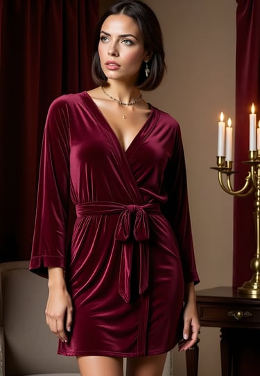 Vivienne in burgundy velvet, standing in candlelight with a soft confident gaze.