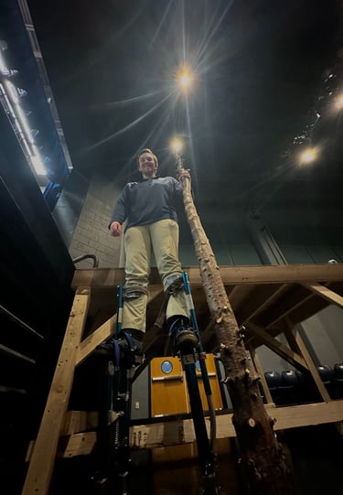 Cade on stilts during a Big Fish rehearsal