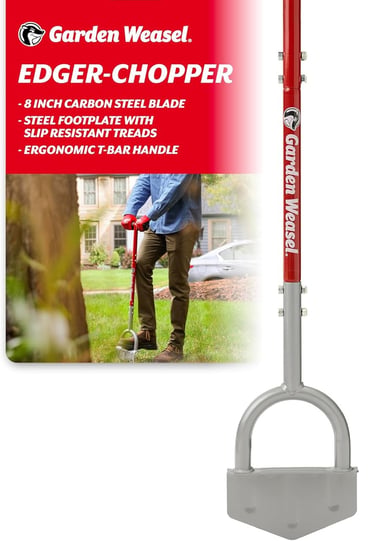 Garden Weasel Edger-Chopper with carbon steel blade and ergonomic T-bar handle for lawn edging.