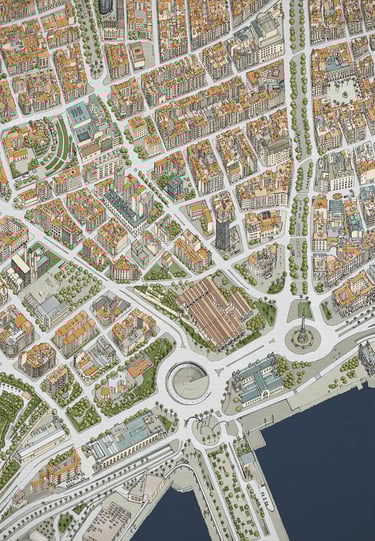 Hand-drawn city map of Barcelona by deliaMAPS, bespoke cartography and design studio
