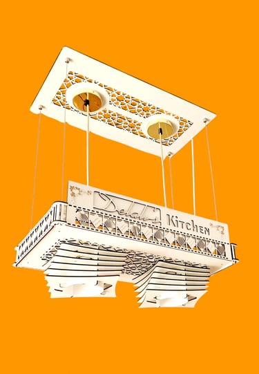 Modern white wooden kitchen chandelier with intricate laser-cut patterns and hanging pendant lights.