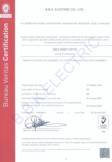 รับรองมาตรฐาน ISO9001 ของบีบีเค อีเลคตริค